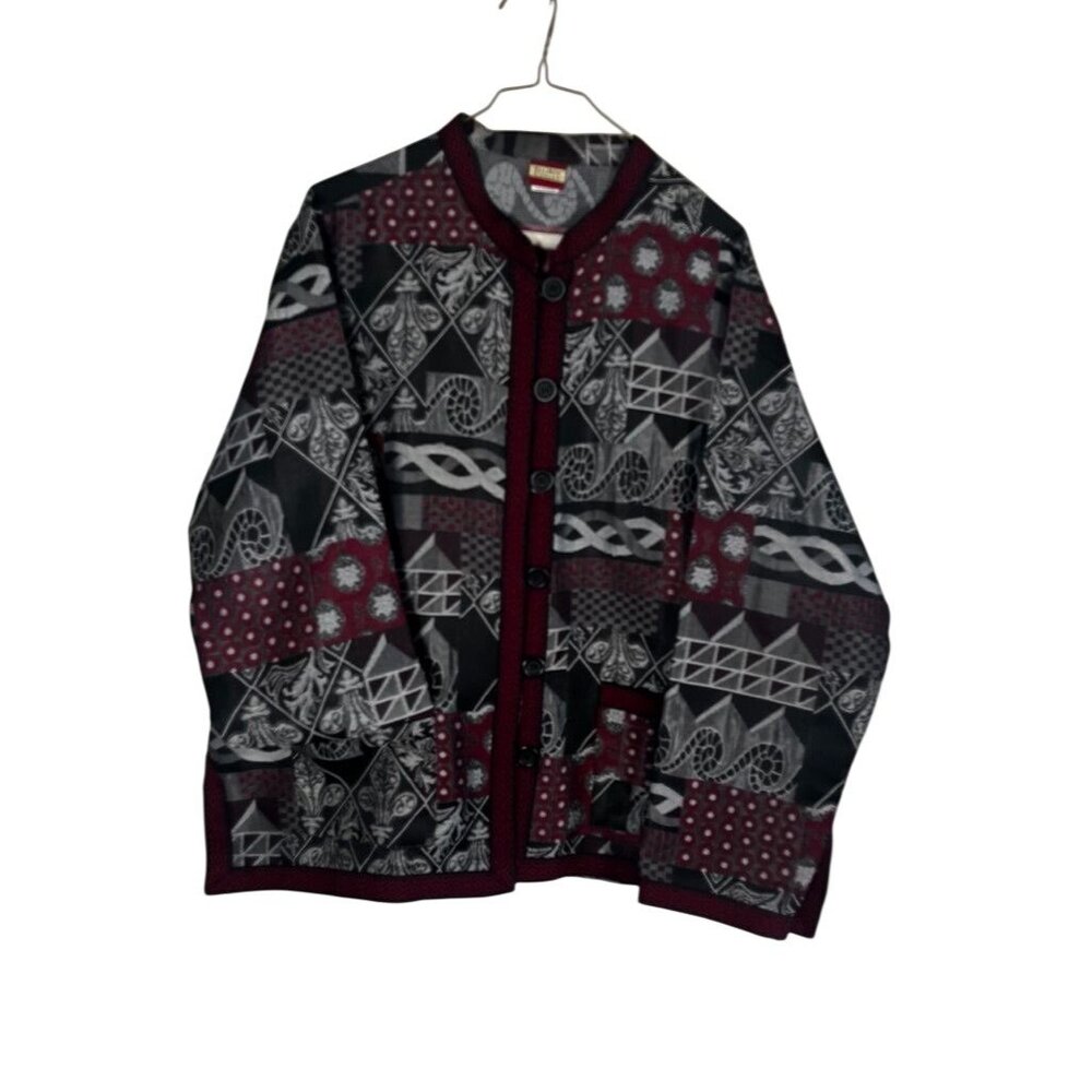 Mandarin Tapestry Floral Jacket Gray XL Gobelin Geometric Artsy Patchwork Chic